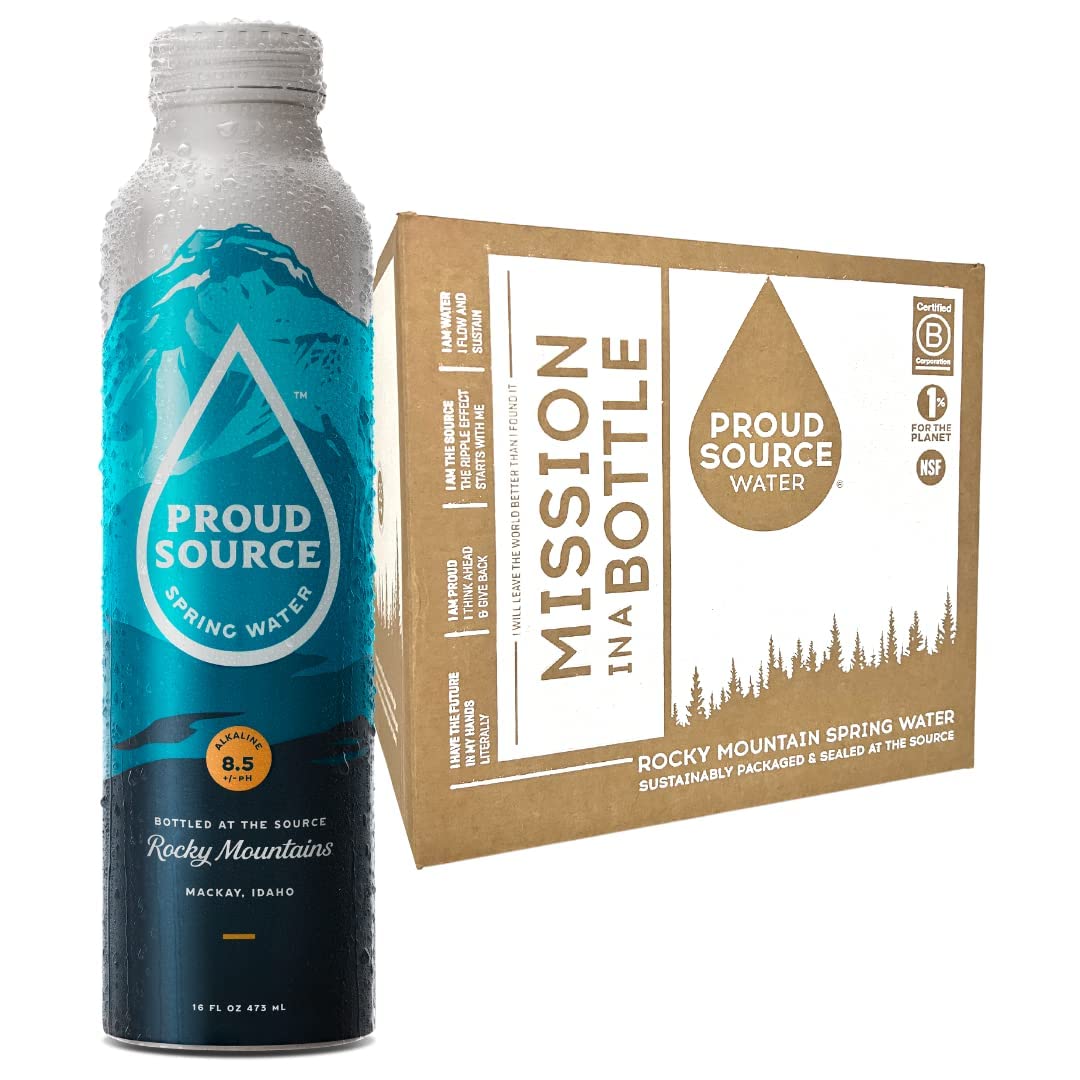 Proud Source Rocky Mountain Naturally Alkaline 8.5pH+ Spring Water with Electrolytes, BPA free and Eco-Friendly Packaging